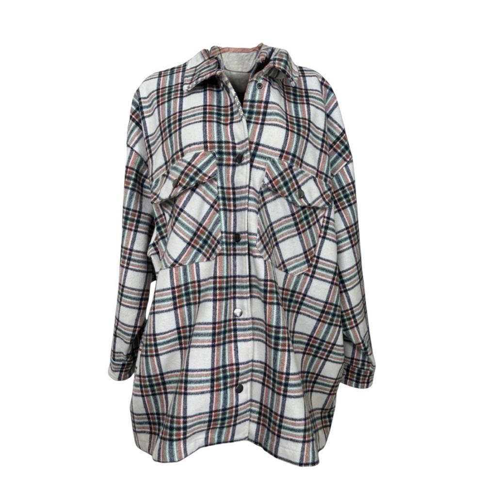BP Nordstrom Ivory Blue Plaid Wool Blend Shacket Shirt Top Jacket I Size:2X